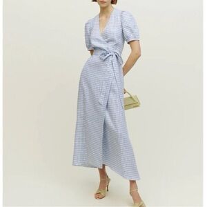 Reformation Weiss Wrap linen dress features a baguette check pattern in blue